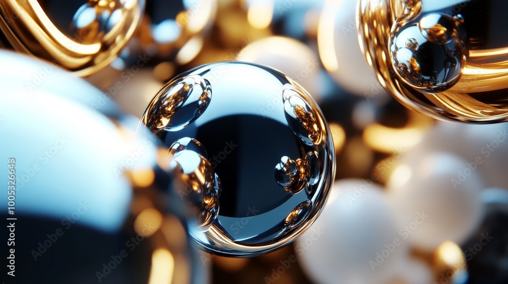 Poster 3d render of abstract spheres with a high-tech, futuristic design, arranged in a visually dynamic fo