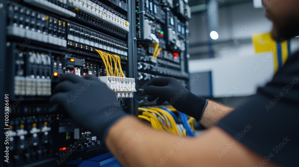 Poster a technician working on network cables and connections in a data center, ensuring efficient performa