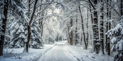Obraz premium Snow-covered pathway winding through a forest with heavily laden trees, evoking solitude and beauty in monochrome tones, winter