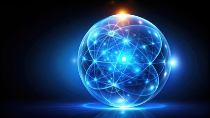 Obraz premium Abstract round blue sphere with glowing energy magic molecule and cosmic atoms on black background, energy, magic