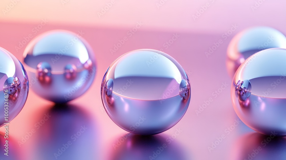 Poster 3d render of abstract spheres with a reflective metallic finish, set against a gradient background f