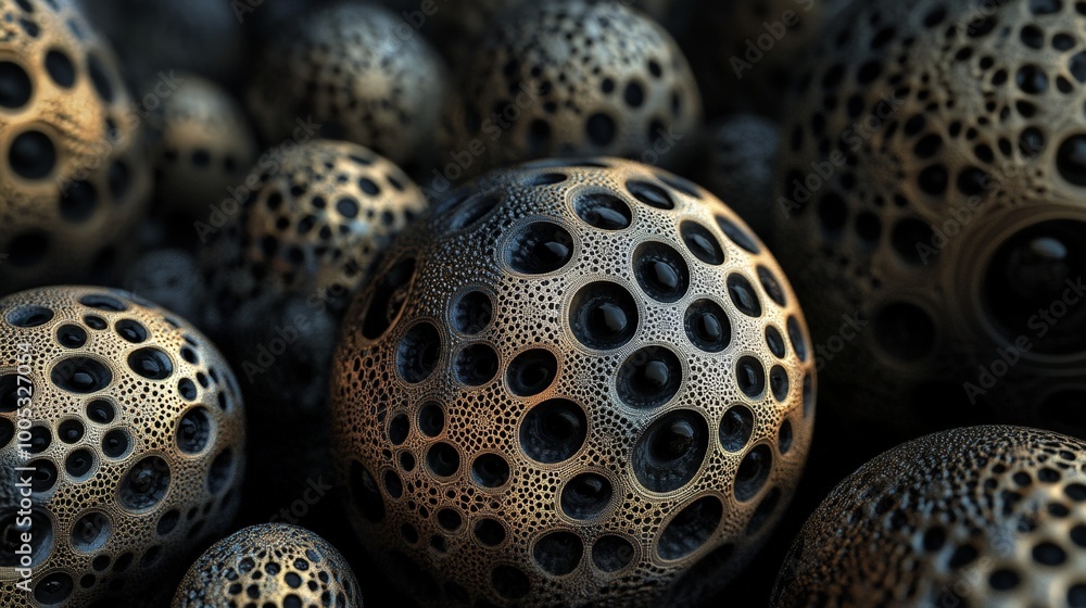 Poster 3d render of abstract spheres with intricate patterns and textures, set against a dark, gradient bac