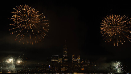 New York Manhattan fireworks. New York Fireworks over Manhattan. New York City 4th of July Fireworks. New York City Skyline Manhattan with Flashing Fireworks. Independence day.