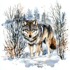 Fototapeta premium A detailed illustration of a wolf in a snowy forest setting.