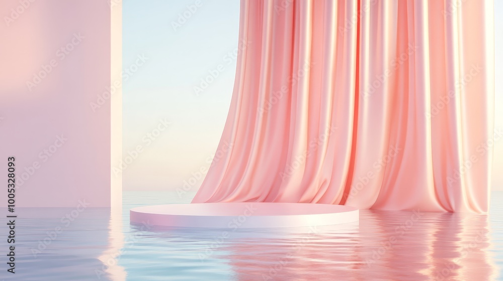 Poster 3d render of an abstract podium on water with flowing curtains. pastel colors and a minimalist backg