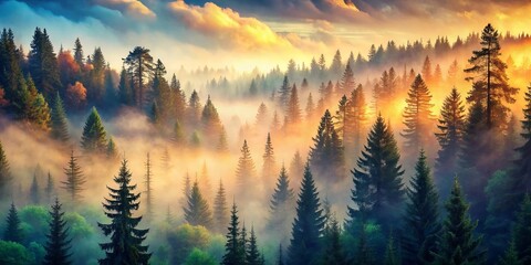 Obraz premium In a timeless landscape, fog envelops majestic fir trees, crafting a serene, atmospheric scene that captivates the