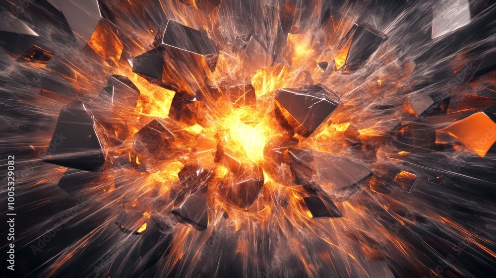 Poster 3d render of an intense geometric explosion, featuring a background with a powerful design and a cru