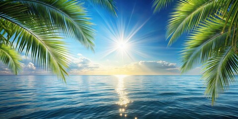Fototapeta premium Sunlight shining over the serene sea surrounded by palm leaves, tropical, beach, ocean, sunset, nature, peaceful, vacation