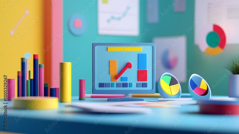 Poster 3d render of an seo marketing scene, incorporating web analytics graphs, seo tools, and data visuali