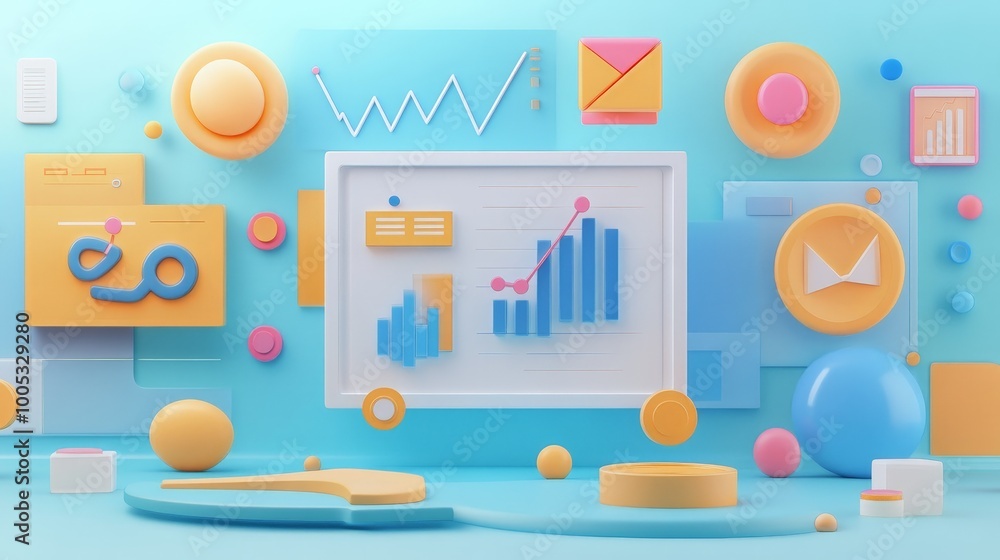 Poster 3d render of an seo marketing scene, incorporating web analytics graphs, seo tools, and data visuali