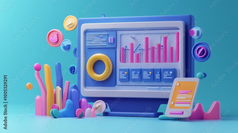 Poster 3d render of an seo marketing scene, incorporating web analytics graphs, seo tools, and data visuali