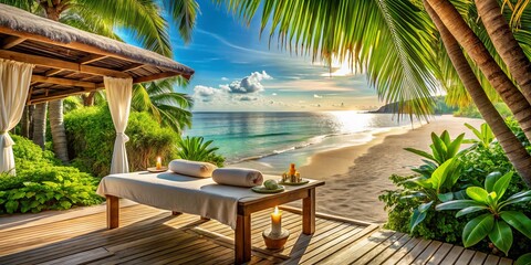 Fototapeta premium Indulge in a relaxing spa treatment on a tropical beach, where calm waves and vibrant greenery create a