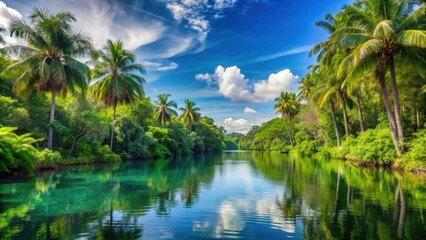 Obraz premium Vibrant tropical forest with tall trees, tranquil river, bright blue sky creating a peaceful and refreshing atmosphere
