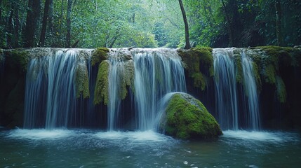 Fototapeta premium Serene waterfall cascading over moss-covered rocks in a lush green forest.