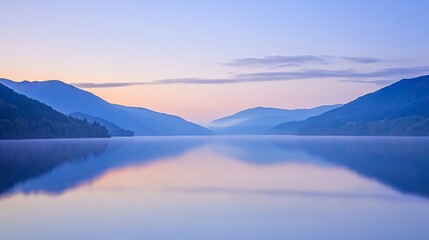 Fototapeta premium Serene sunrise over a still lake with mist and mountains reflected in the water.