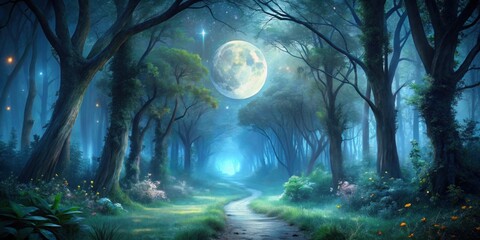 Obraz premium Enchanted moonlit path in the mystical forest, moonlight, pathway, trees, enchanted, fantasy, ethereal, glowing, magical