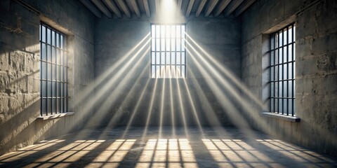 Obraz premium Abandoned prison cell with sunlight streaming through window illuminating tally marks , prison, cell, abandoned, sunlight, window