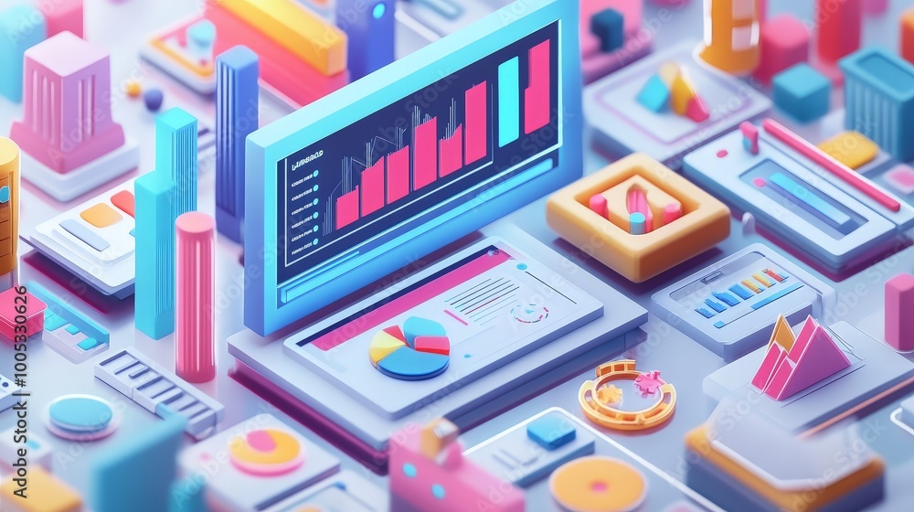 Poster 3d render of seo marketing scene with detailed web analytics dashboards, optimization tools, and per