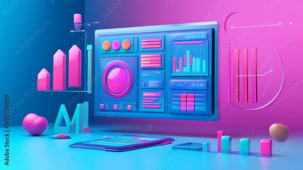 Poster 3d render of seo marketing scene with detailed web analytics dashboards, optimization tools, and per