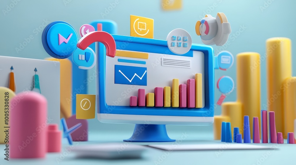 Poster 3d render of seo optimization and web analytics, featuring marketing metrics, data visualization, an