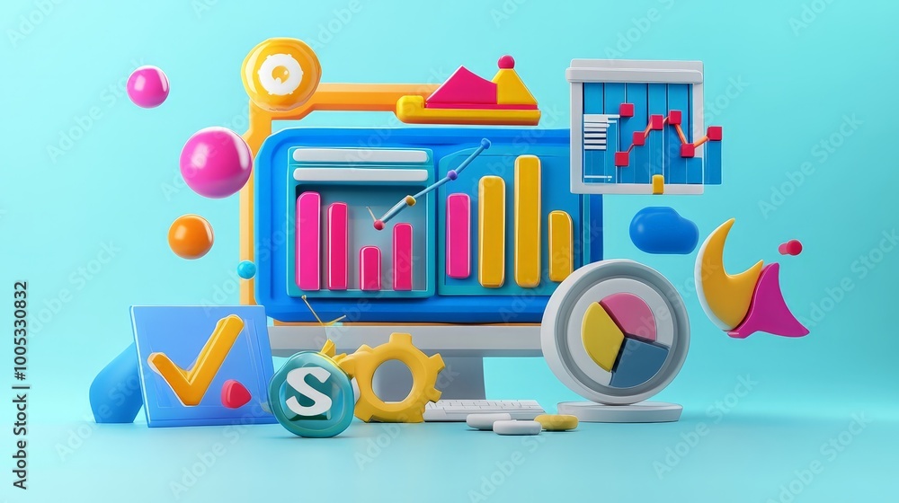 Poster 3d render of seo optimization and web analytics, featuring marketing metrics, data visualization, an