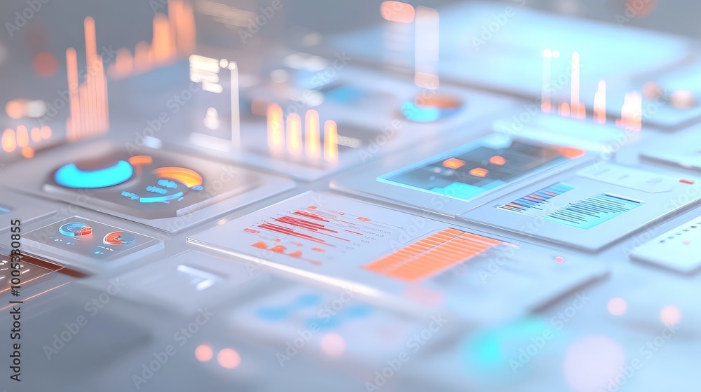 Poster 3d render of seo optimization concept featuring web analytics dashboards and marketing elements, sho