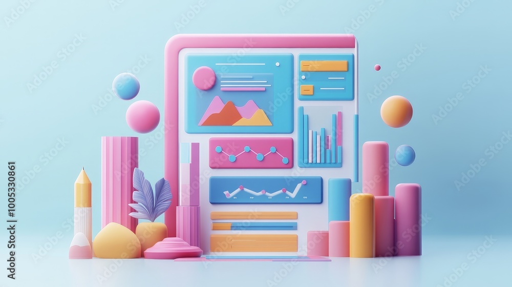 Poster 3d render of seo optimization concept featuring web analytics dashboards and marketing elements, sho