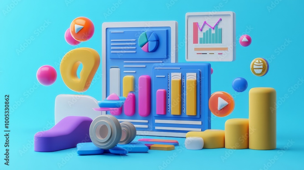 Poster 3d render of seo optimization concept featuring web analytics dashboards and marketing elements, sho