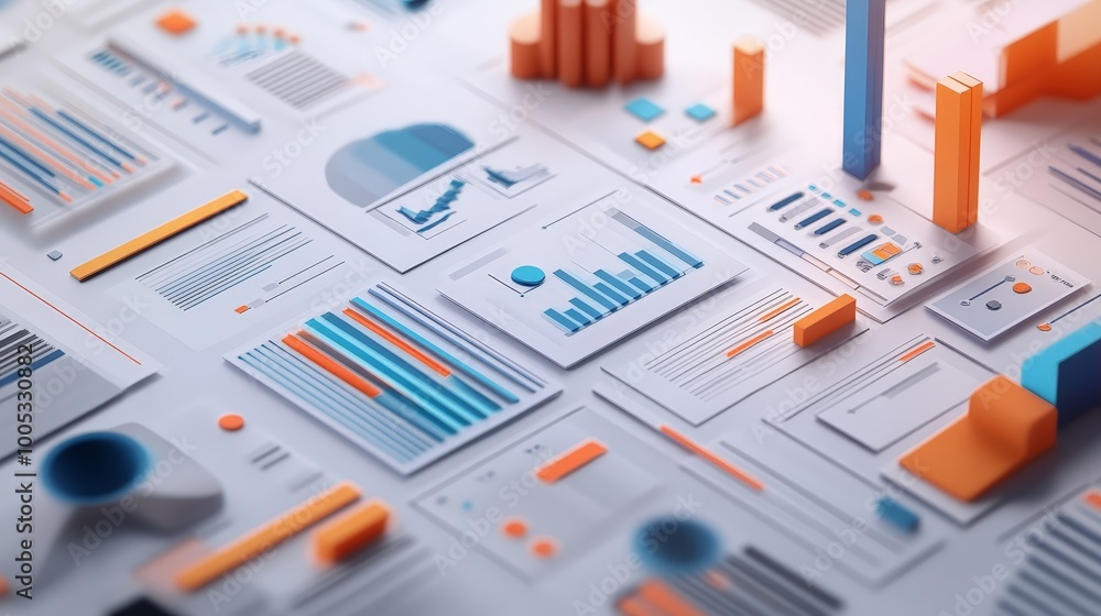 Poster 3d render of seo optimization featuring web analytics dashboards, marketing tools, and performance i