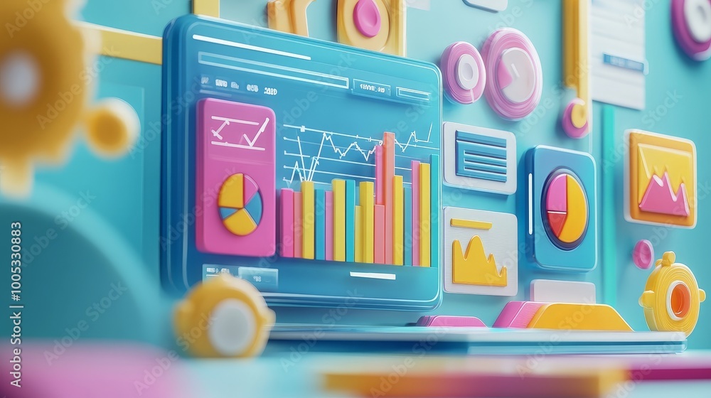 Poster 3d render of seo optimization featuring web analytics dashboards, marketing tools, and performance i