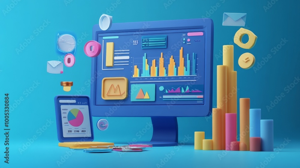 Poster 3d render of seo optimization featuring web analytics dashboards, marketing tools, and performance i