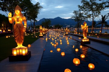 A magical parade during the Vegetarian Festival, with glowing statues carried by devotees and floating lanterns illuminating the path as mystical energy fills the air.