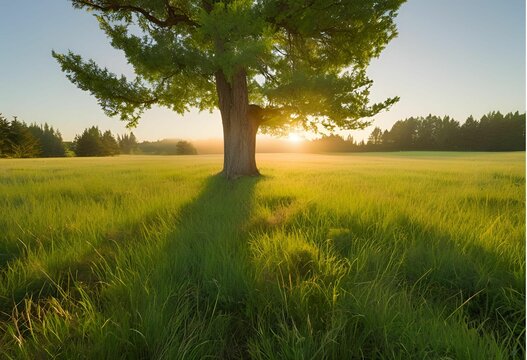 tree, grass, sky, landscape, field, nature, meadow, green, summer, blue, spring, cloud, clouds, horizon, countryside, rural, agriculture, sun, outdoor, country, beautiful, forest, scenery, farm, lonel