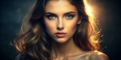 Naklejka premium In natural light, a graceful female model showcases her radiant skin and poise, exuding confidence in an elegant