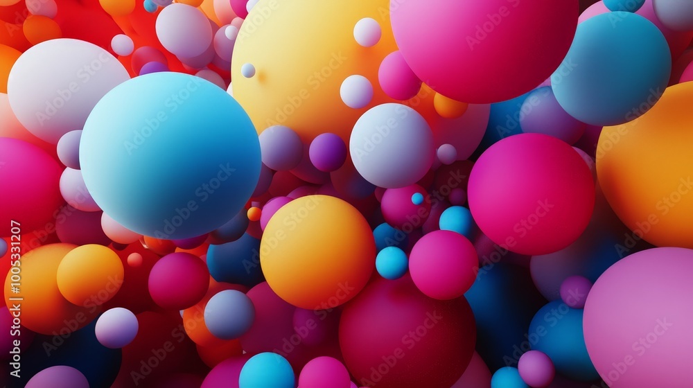 Poster 3d render showcasing a cluster of abstract spheres with varying sizes and colors, arranged in a visu