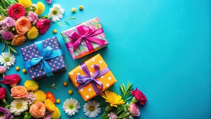 Obraz premium Colorful gift boxes and flowers on vibrant blue background for celebrations, gift, boxes, flowers, vibrant, blue