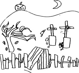 set of Halloween doodle icon from hand drawing style of black line on white background pumpkin, rip, moon, tree, fence