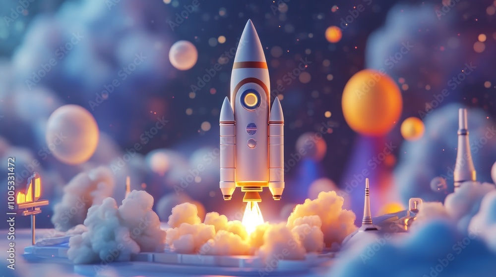 Poster 3d render showcasing a space rocket launch and technology development process, representing the inno