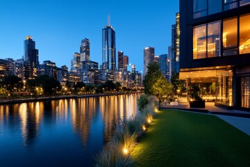 Obraz premium A modern urban metropolis skyline reflected on a river, where the shimmering lights of the buildings contrast with the calm water.