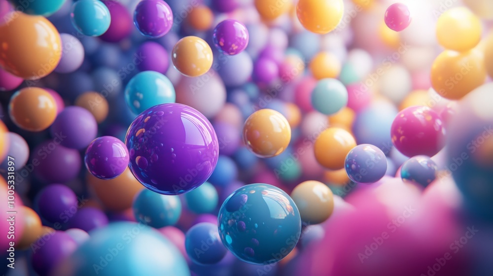 Poster 3d render showcasing abstract spheres in a variety of sizes and colors, creating a vibrant and engag