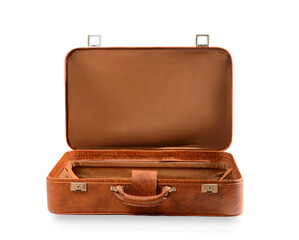 Open brown retro leather suitcase on white background