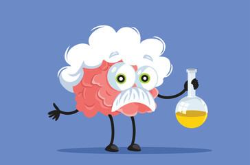 Genius Brain Holding a Tube for Scientific Experiment Vector Cartoon. Smart human mind discovering scientific theories 
