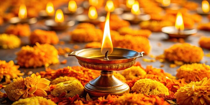 Closeup of a traditional brass oil lamp deepam lit with ghee, surrounded by marigold petals, brass lamp, oil lamp, deepam