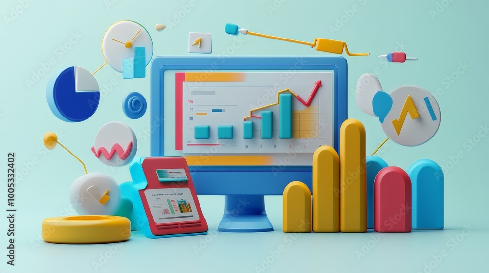 Poster 3d render showcasing seo optimization and web analytics, with data metrics, growth indicators, and m