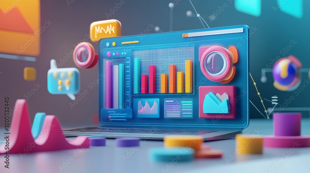 Poster 3d render showcasing seo optimization with web analytics, marketing metrics, and data visualization 