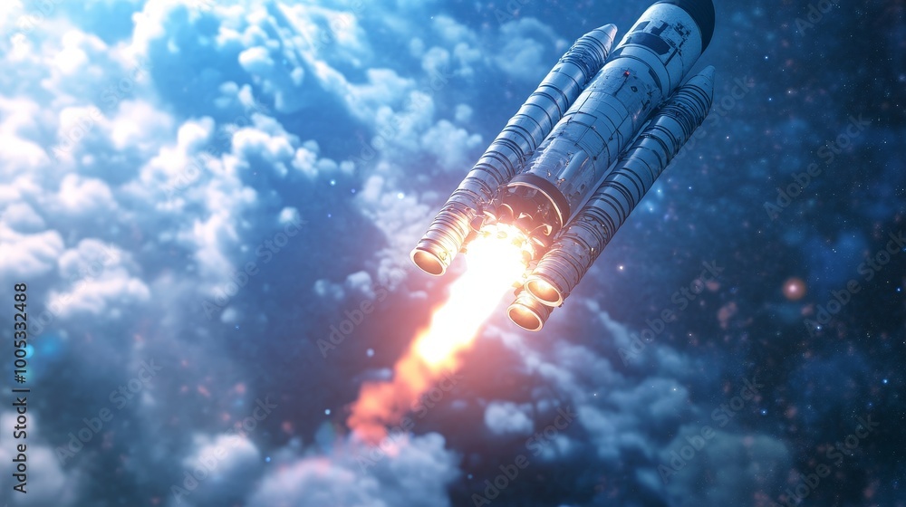 Poster 3d render showcasing the technology development process and space rocket launch, symbolizing the exc
