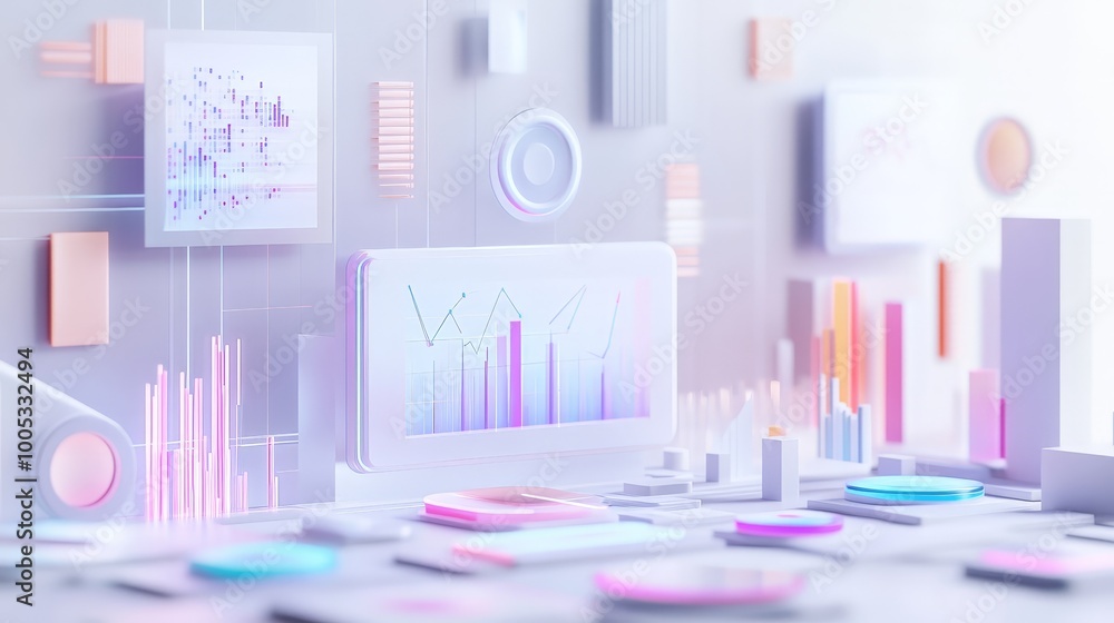 Poster 3d render showcasing seo optimization with web analytics, marketing metrics, and data visualization 