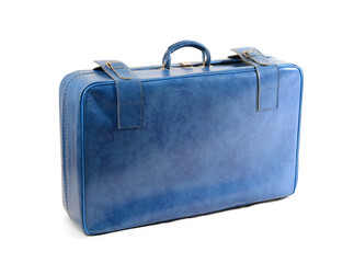 Blue retro leather suitcase on white background