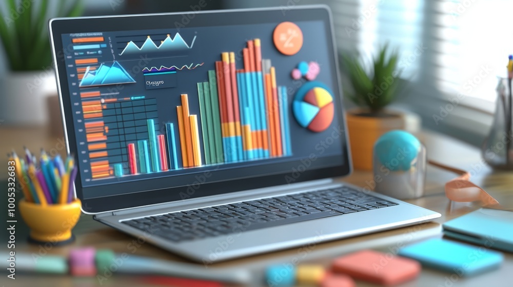 Poster 3d render showcasing web analytics and seo optimization tools, including growth metrics and digital 