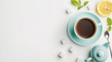 Fresh Tea with Lemon and Mint on Clean Surface